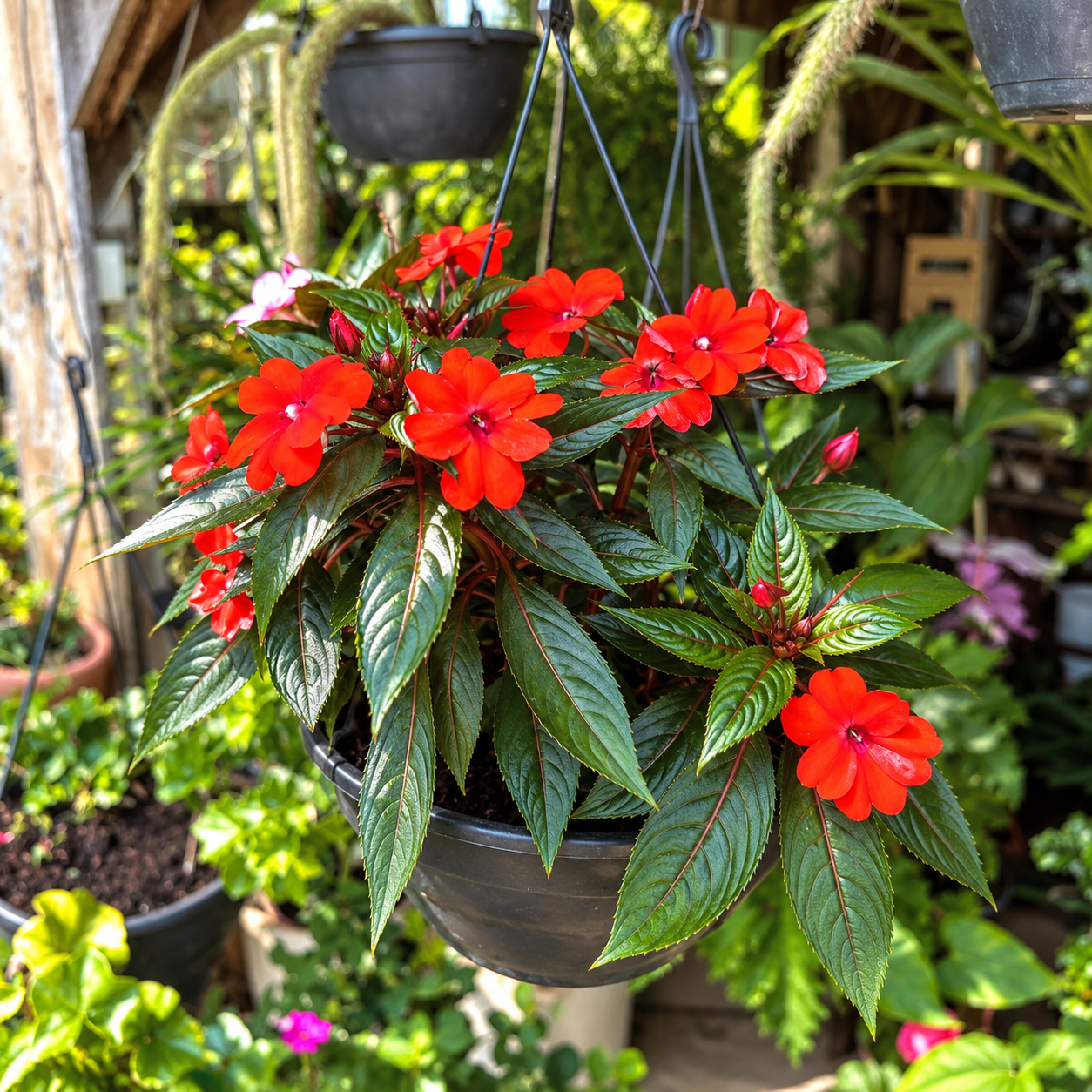 Impatiens Vermelhas em Cesto Suspenso