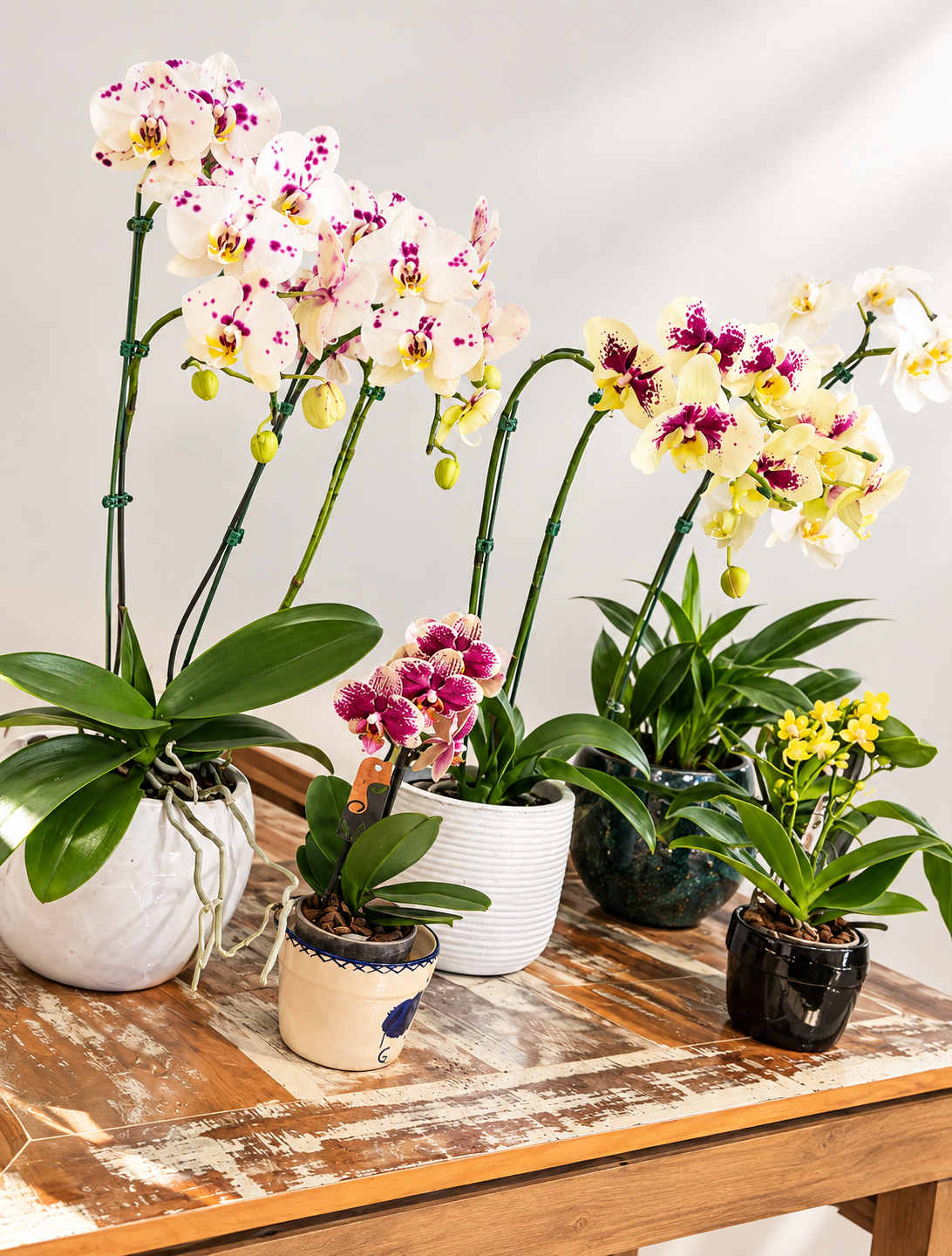 Orquídeas em Vasos sobre Mesa Rústica